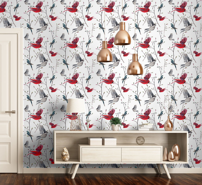 GW3041 Watercolor Birds Magnolia Forest Peel and Stick Wallpaper Roll 19 inch Wide x 18 ft. Long Red Blue Gray