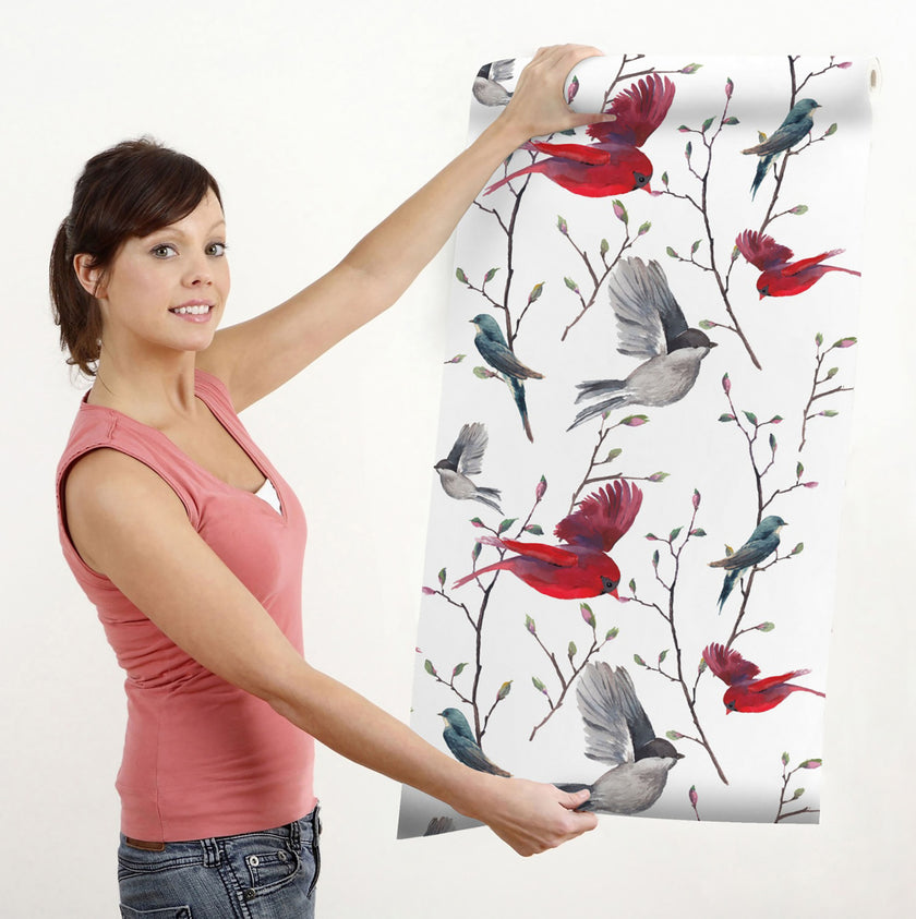 GW3041 Watercolor Birds Magnolia Forest Peel and Stick Wallpaper Roll 19 inch Wide x 18 ft. Long Red Blue Gray