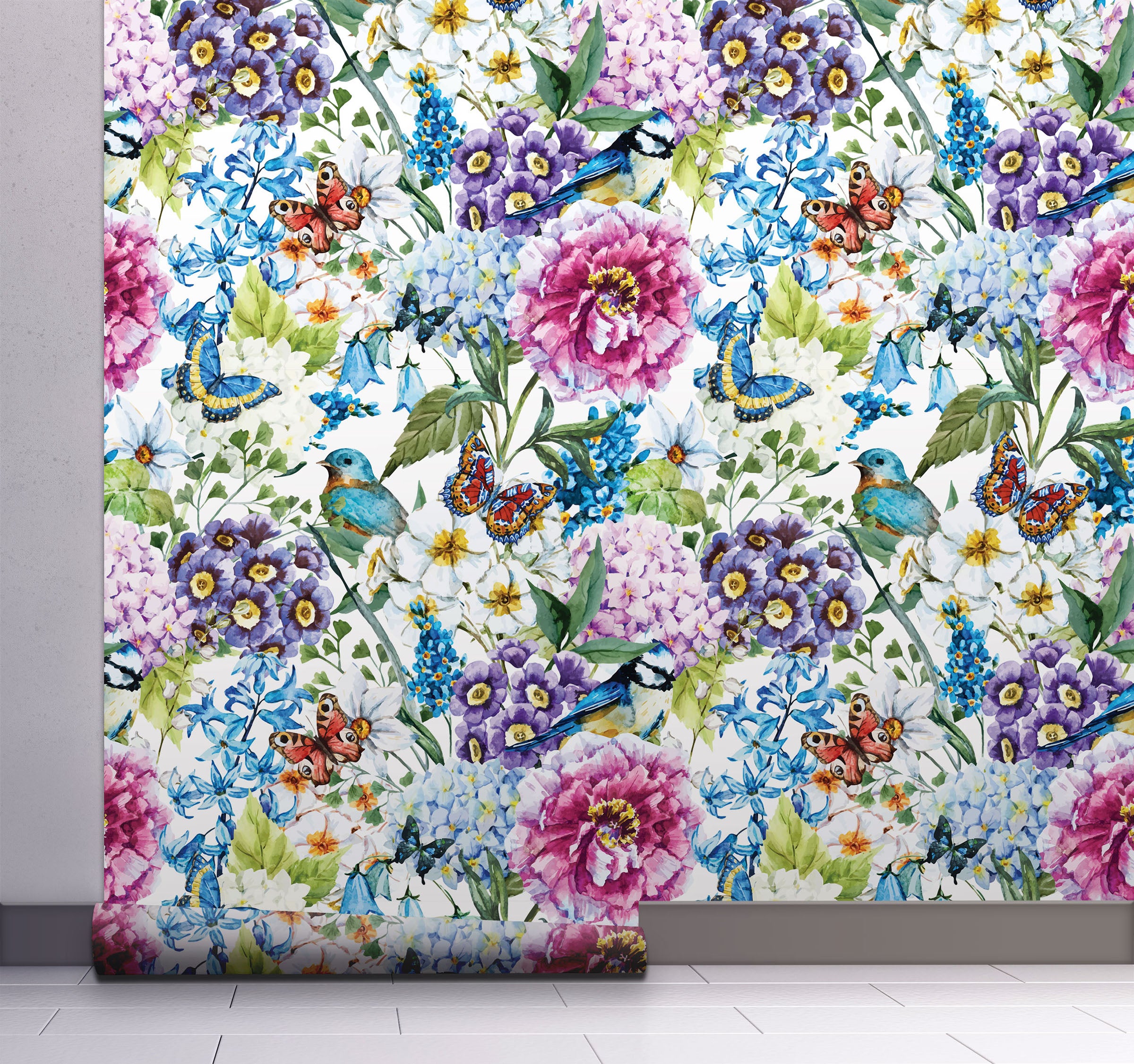 GW3051 Grace & Gardenia Bluebird Enchanted Garden Peel and Stick Wallpaper Roll 20.5 inch Wide x 18 ft. Long, Blue Purple Pink Green