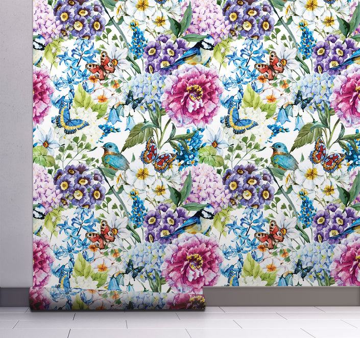 GW3051 Bluebird Enchanted Garden Peel and Stick Wallpaper Roll 19 inch Wide x 18 ft. Long Blue Purple Pink Green