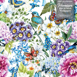 GW3051 Bluebird Enchanted Garden Peel and Stick Wallpaper Roll 19 inch Wide x 18 ft. Long Blue Purple Pink Green