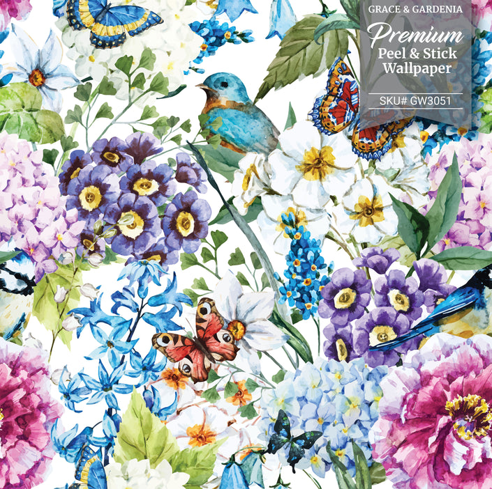 GW3051 Bluebird Enchanted Garden Peel and Stick Wallpaper Roll 19 inch Wide x 18 ft. Long Blue Purple Pink Green