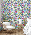 GW3051 Grace & Gardenia Bluebird Enchanted Garden Peel and Stick Wallpaper Roll 20.5 inch Wide x 18 ft. Long, Blue Purple Pink Green