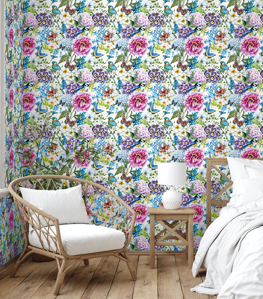 GW3051 Bluebird Enchanted Garden Peel and Stick Wallpaper Roll 19 inch Wide x 18 ft. Long Blue Purple Pink Green