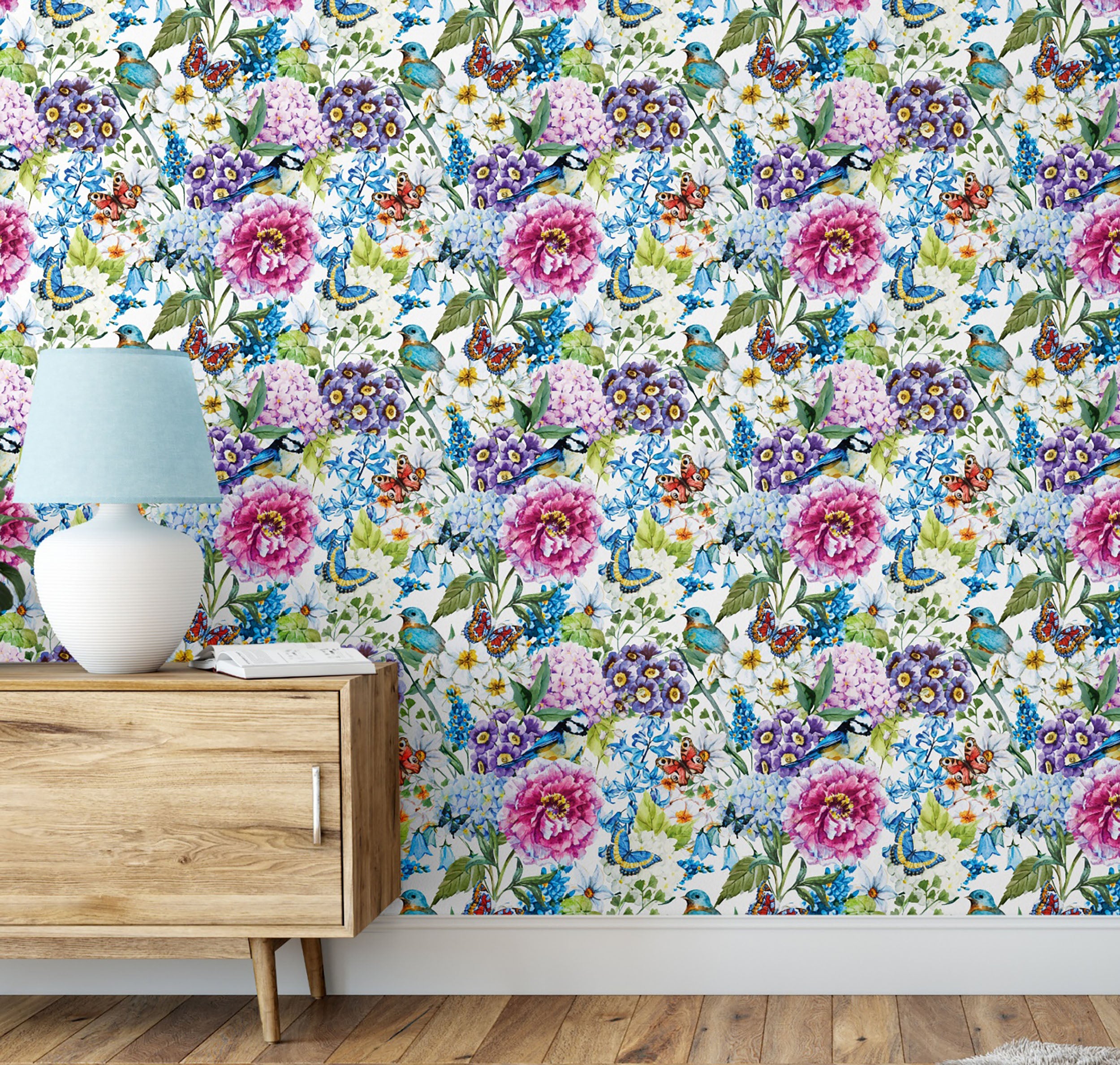 GW3051 Grace & Gardenia Bluebird Enchanted Garden Peel and Stick Wallpaper Roll 20.5 inch Wide x 18 ft. Long, Blue Purple Pink Green