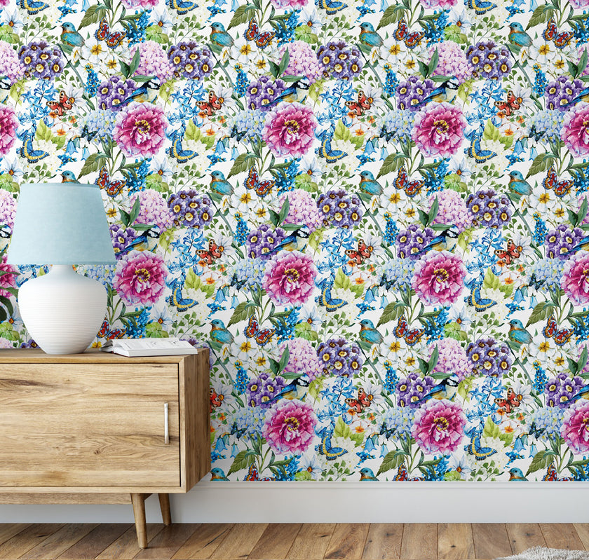 GW3051 Bluebird Enchanted Garden Peel and Stick Wallpaper Roll 19 inch Wide x 18 ft. Long Blue Purple Pink Green