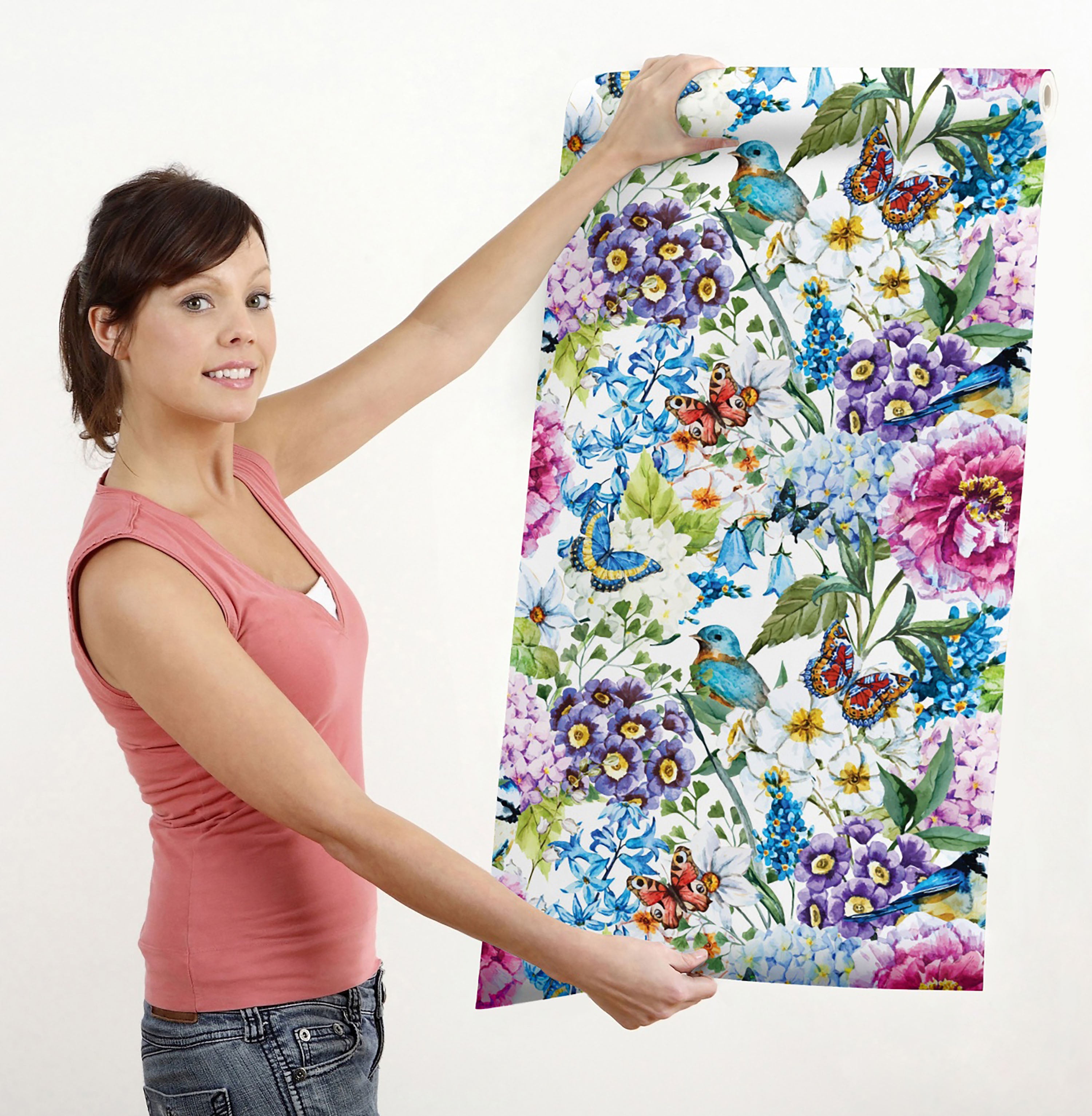 GW3051 Grace & Gardenia Bluebird Enchanted Garden Peel and Stick Wallpaper Roll 20.5 inch Wide x 18 ft. Long, Blue Purple Pink Green