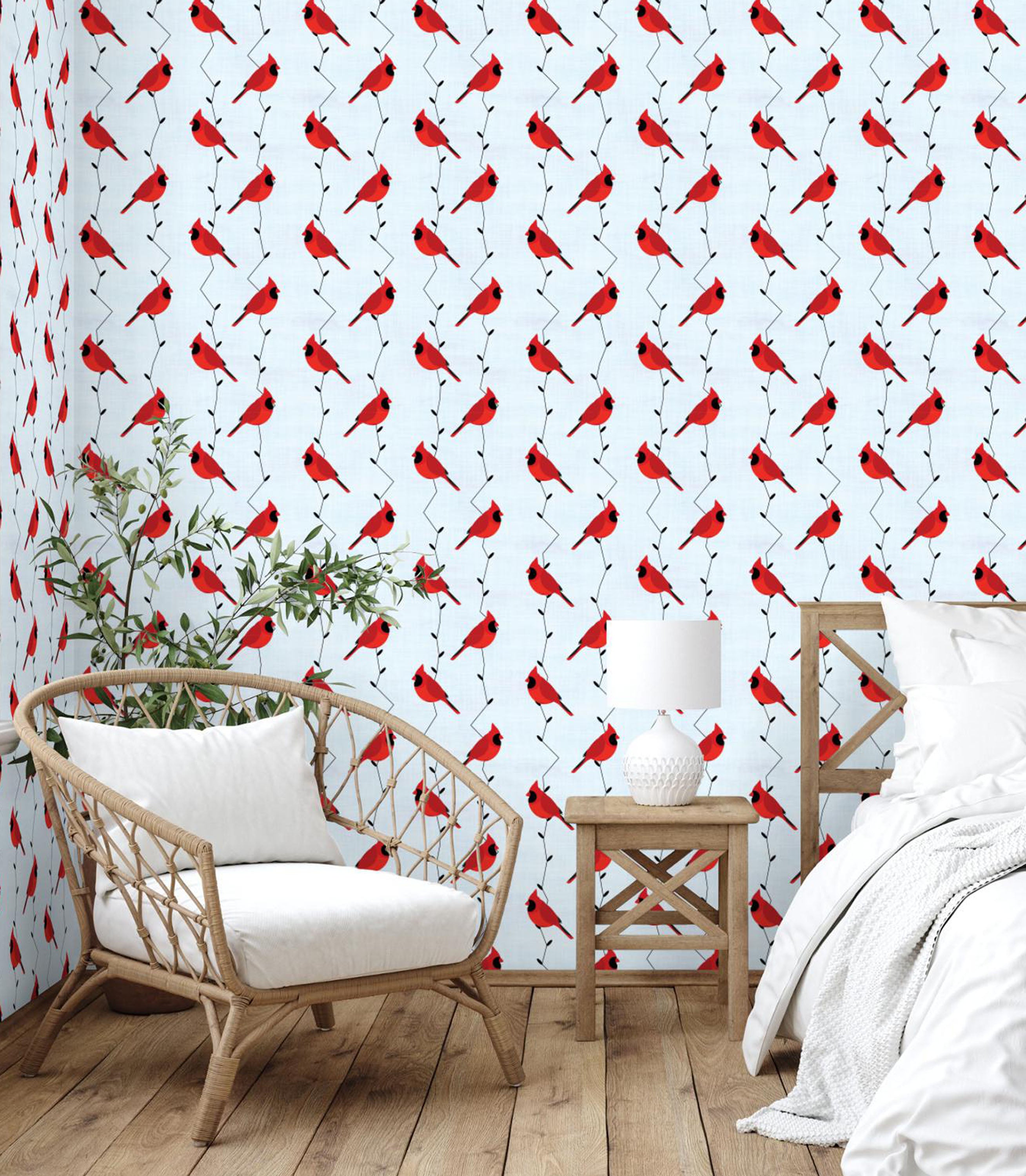 GW3061 Cardinals on Light Blue Peel & Stick Wallpaper Roll 20.5in W x 18ft L