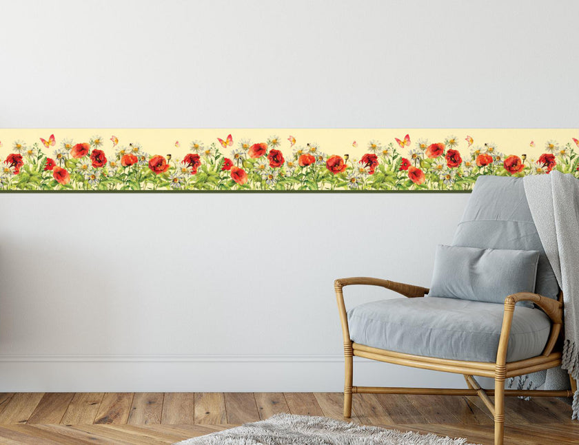 GB40020 Wildflower Bloom Peel and Stick Wallpaper Border 10in Height x 15ft Long,Yellow Green Red