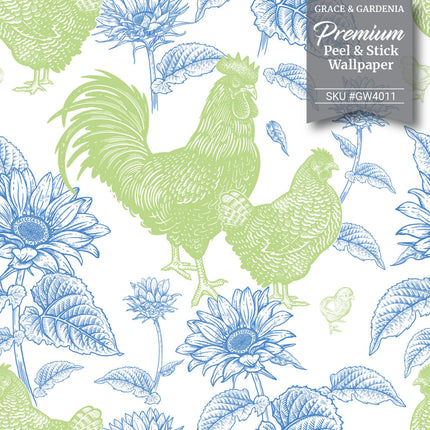 GW4011 French Farmhouse Chickens & Sunflowers Toile Peel and Stick Wallpaper Roll 19 inch Wide x 18 ft. Long Blue Green