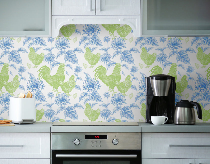 GW4011 French Farmhouse Chickens & Sunflowers Toile Peel and Stick Wallpaper Roll 19 inch Wide x 18 ft. Long Blue Green