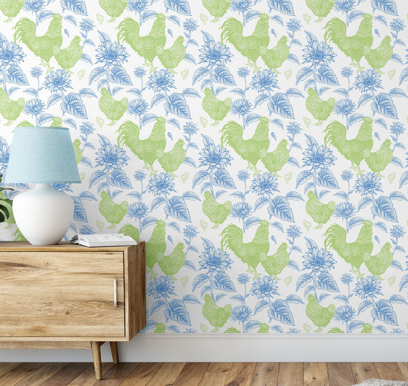 GW4011 French Farmhouse Chickens & Sunflowers Toile Peel and Stick Wallpaper Roll 19 inch Wide x 18 ft. Long Blue Green