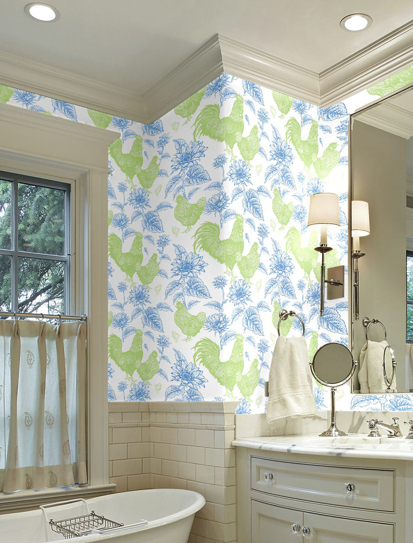 GW4011 French Farmhouse Chickens & Sunflowers Toile Peel and Stick Wallpaper Roll 19 inch Wide x 18 ft. Long Blue Green