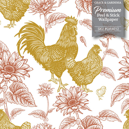 GW4012 French Farmhouse Chickens & Sunflowers Toile Peel and Stick Wallpaper Roll 19 inch Wide x 18 ft. Long, Rust