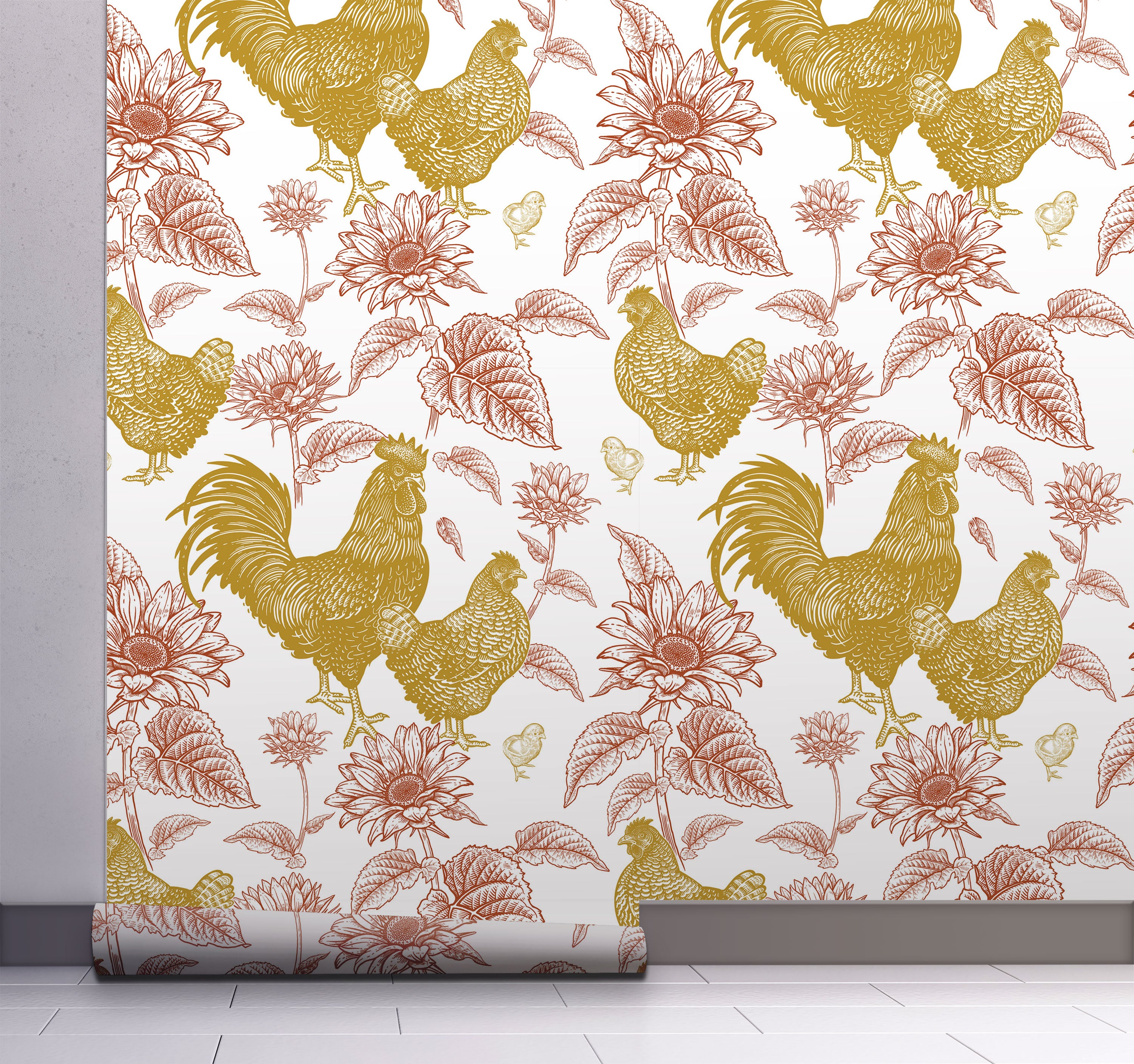 GW4012 Grace & Gardenia French Farmhouse Chickens & Sunflowers Toile Peel and Stick Wallpaper Roll 20.5 inch Wide x 18 ft. Long, Rust