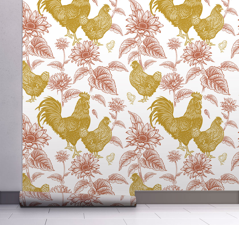 GW4012 French Farmhouse Chickens & Sunflowers Toile Peel and Stick Wallpaper Roll 19 inch Wide x 18 ft. Long, Rust