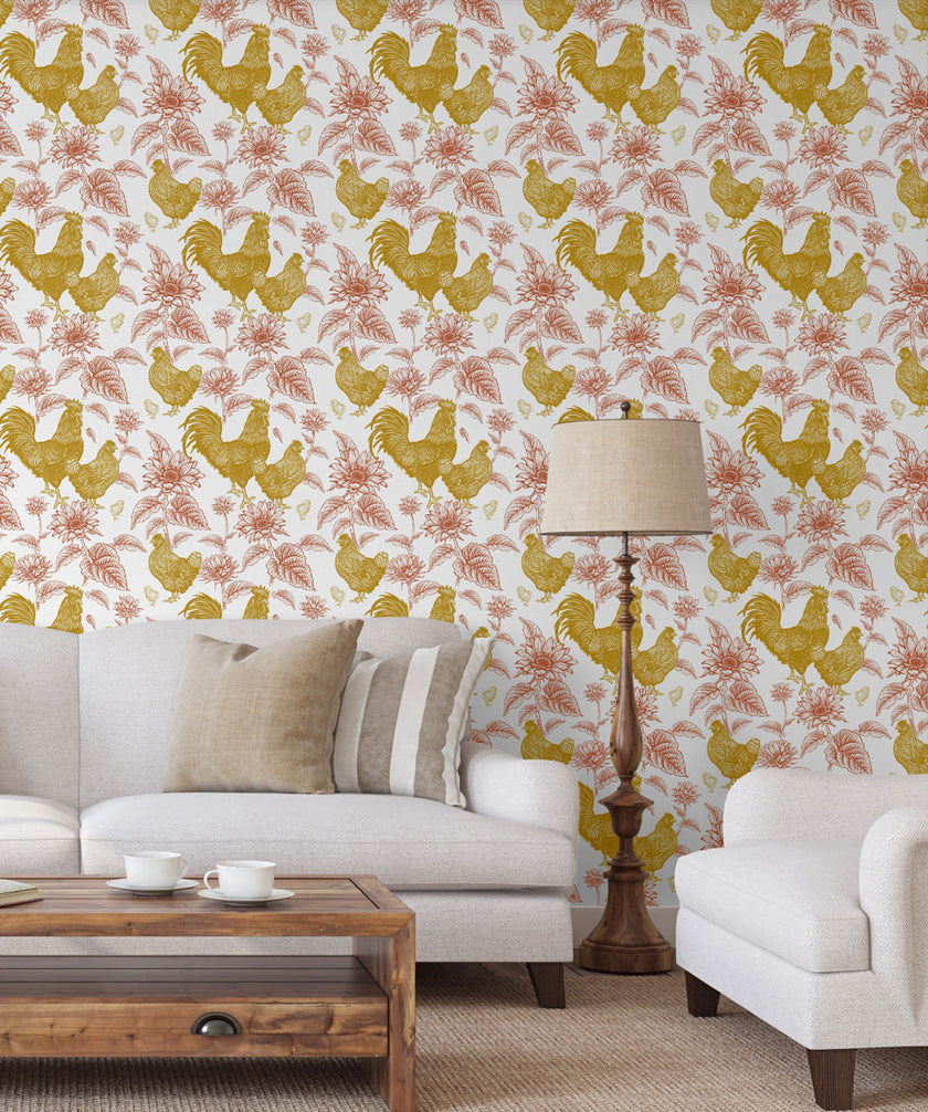 GW4012 French Farmhouse Chickens & Sunflowers Toile Peel and Stick Wallpaper Roll 19 inch Wide x 18 ft. Long, Rust