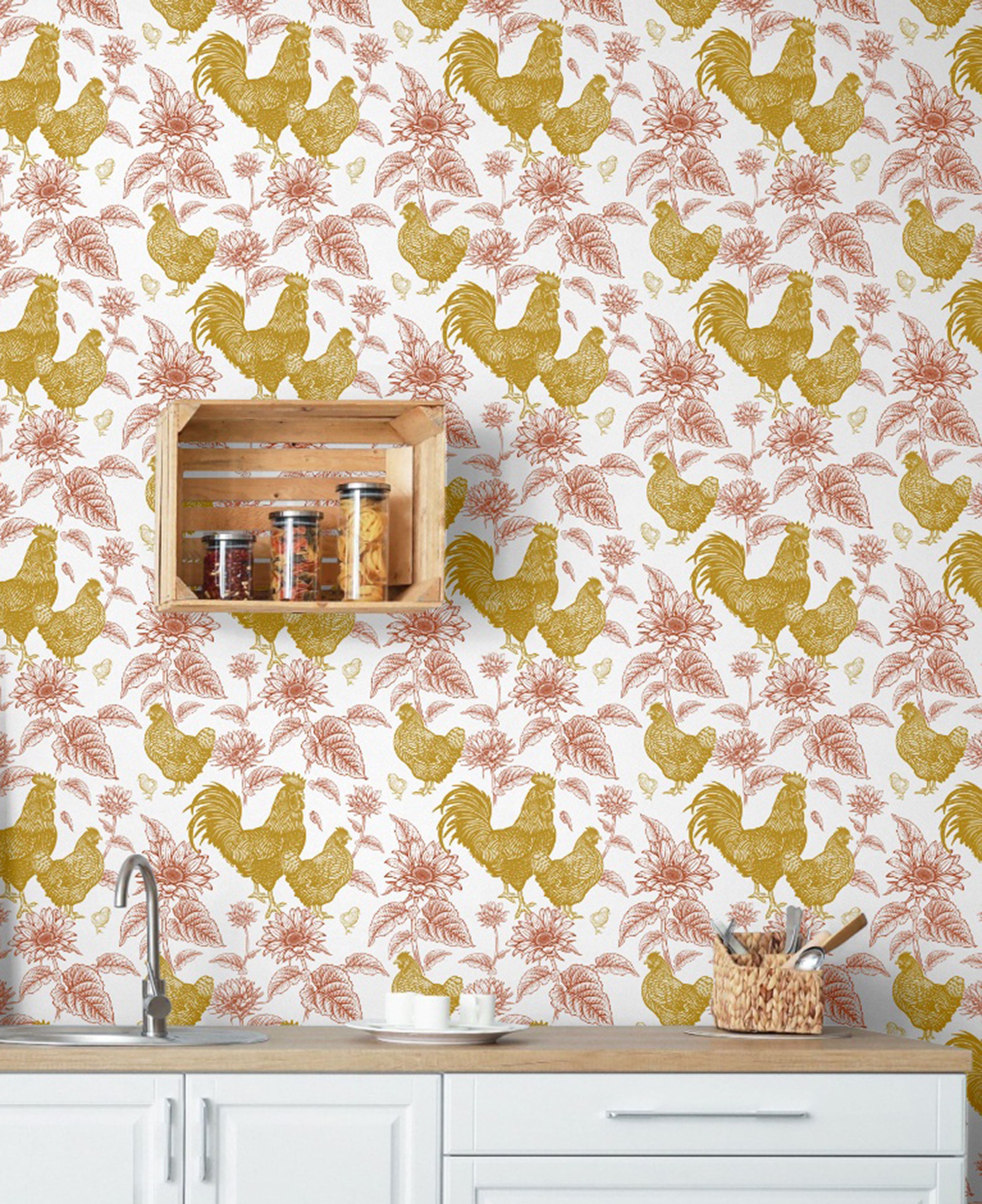 GW4012 Grace & Gardenia French Farmhouse Chickens & Sunflowers Toile Peel and Stick Wallpaper Roll 20.5 inch Wide x 18 ft. Long, Rust