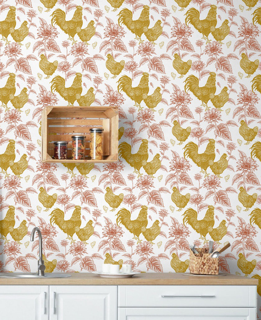 GW4012 French Farmhouse Chickens & Sunflowers Toile Peel and Stick Wallpaper Roll 19 inch Wide x 18 ft. Long, Rust