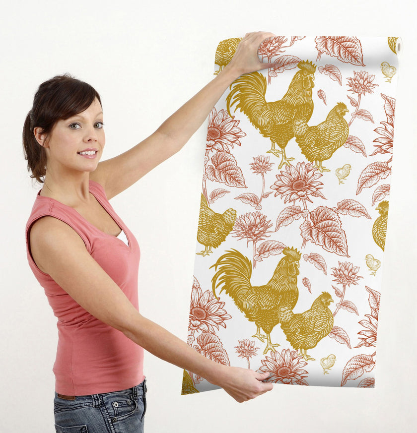 GW4012 French Farmhouse Chickens & Sunflowers Toile Peel and Stick Wallpaper Roll 19 inch Wide x 18 ft. Long, Rust