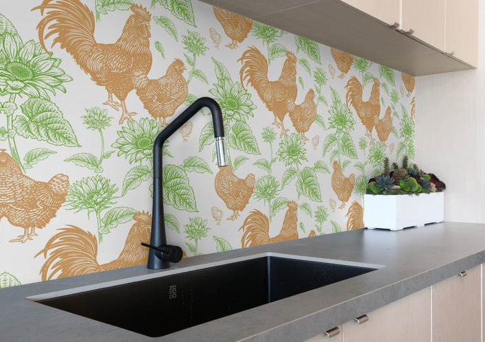 GW4013 French Farmhouse Chickens & Sunflowers Toile Peel and Stick Wallpaper Roll 19 inch Wide x 18 ft. Long Orange Brown Green