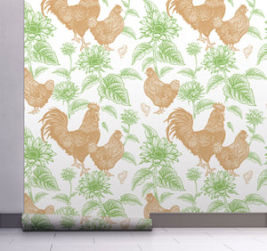 GW4013 French Farmhouse Chickens & Sunflowers Toile Peel and Stick Wallpaper Roll 19 inch Wide x 18 ft. Long Orange Brown Green