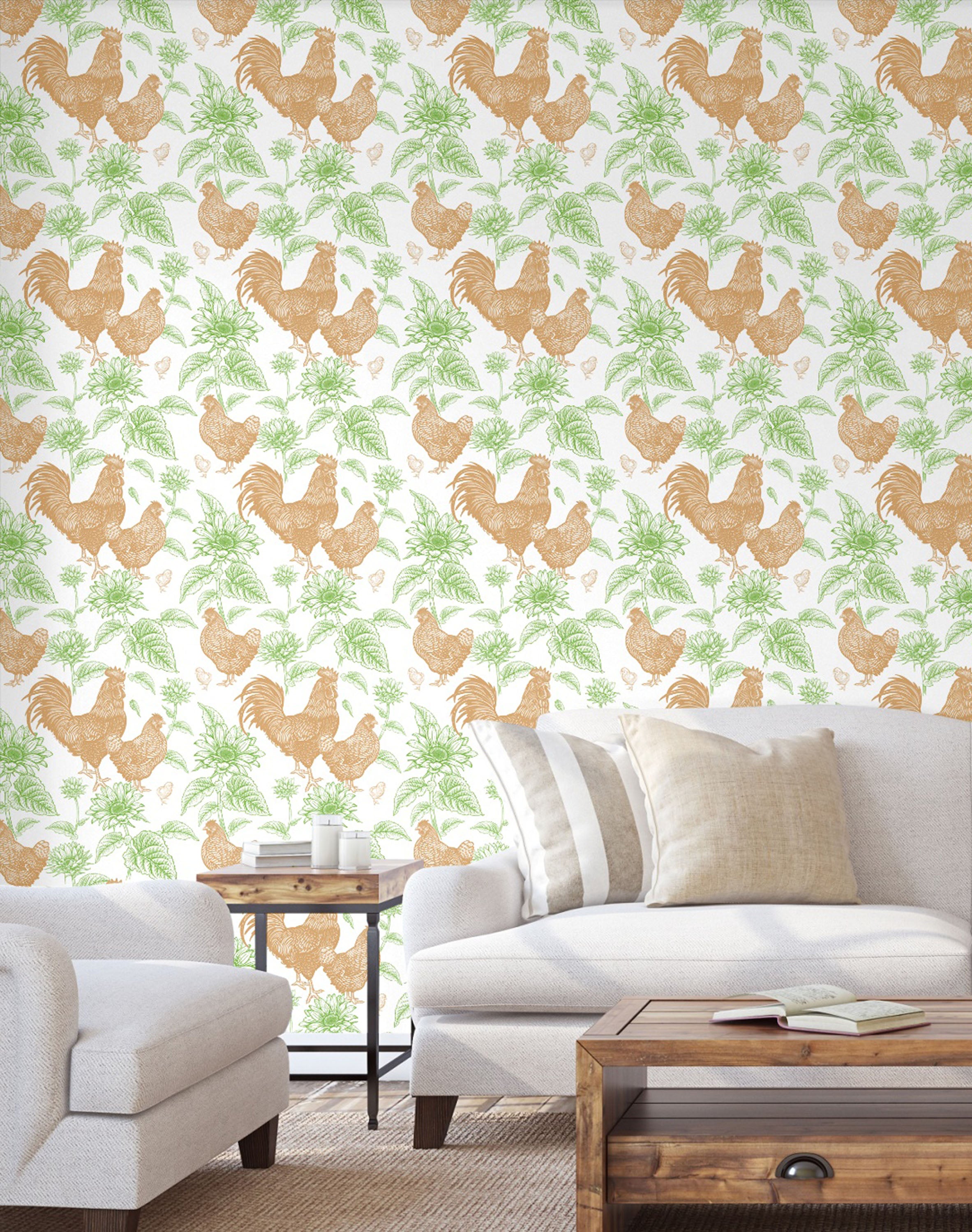 GW4013 Grace & Gardenia French Farmhouse Chickens & Sunflowers Toile Peel and Stick Wallpaper Roll 20.5 inch Wide x 18 ft. Long, Green