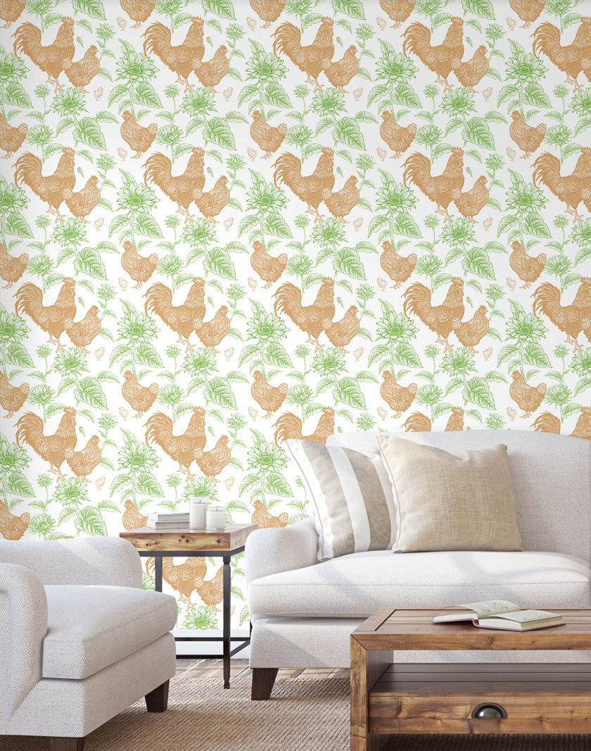 GW4013 French Farmhouse Chickens & Sunflowers Toile Peel and Stick Wallpaper Roll 19 inch Wide x 18 ft. Long Orange Brown Green