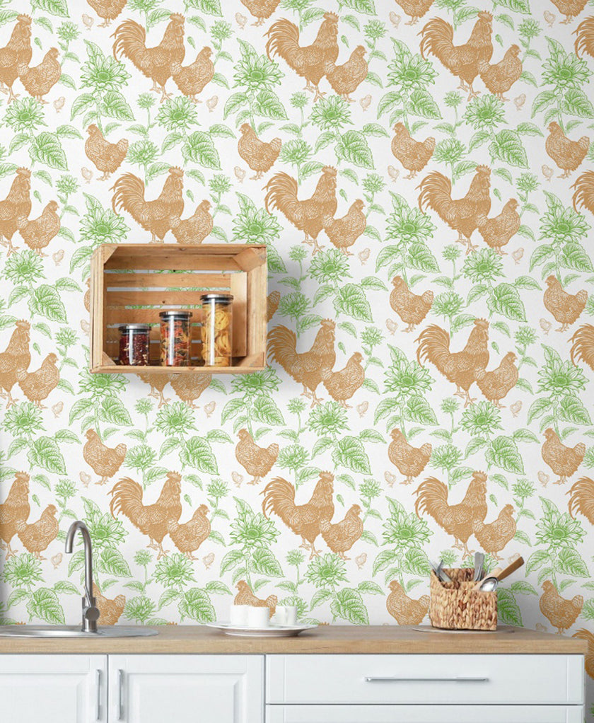 GW4013 French Farmhouse Chickens & Sunflowers Toile Peel and Stick Wallpaper Roll 19 inch Wide x 18 ft. Long Orange Brown Green