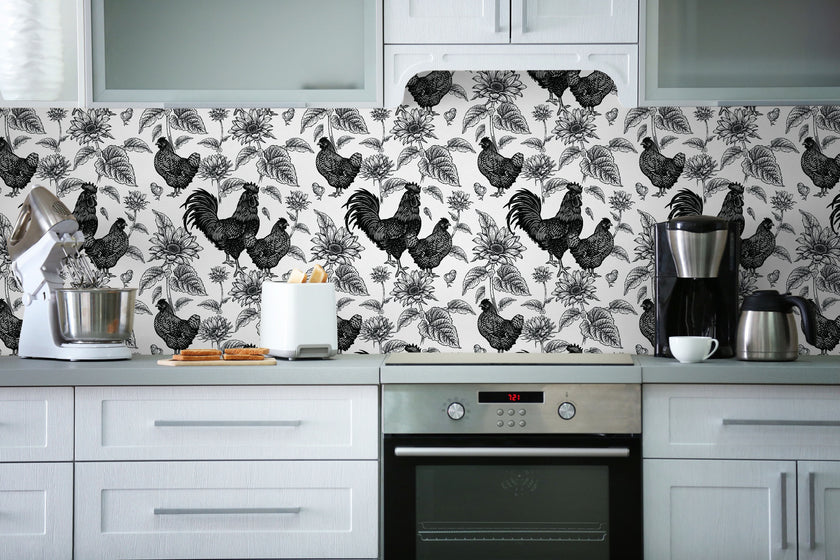 GW4014 French Farmhouse Chickens & Sunflowers Peel and Stick Wallpaper Roll 19 inch Wide x 18 ft. Long Black White
