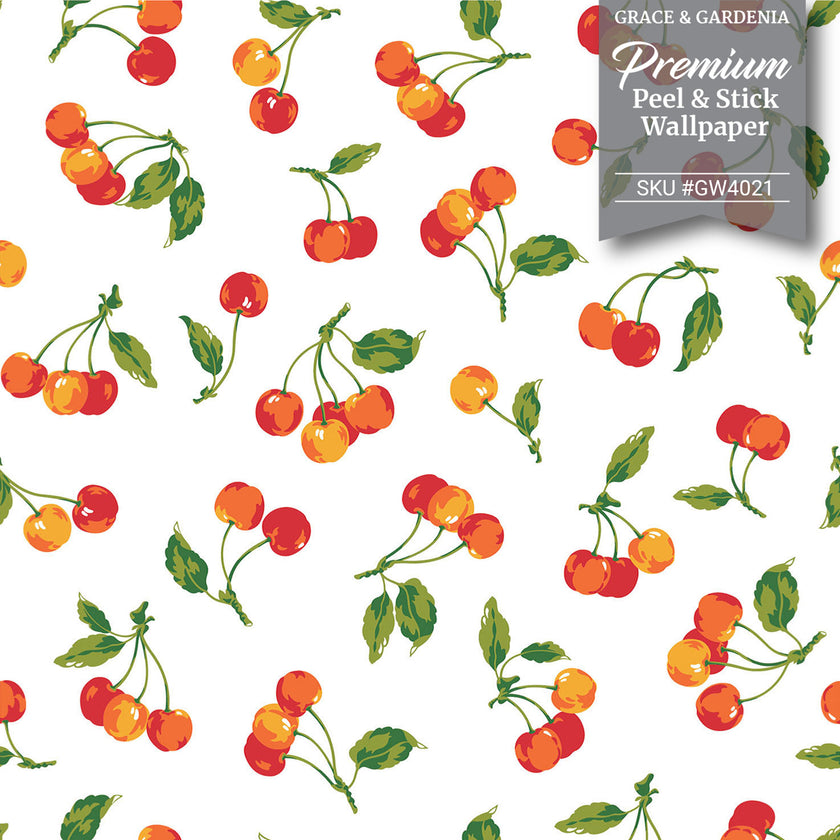 GW4021  Farmhouse Cherry Orchard Peel and Stick Wallpaper Roll 19 inch Wide x 18 ft. Long, Red Orange Green