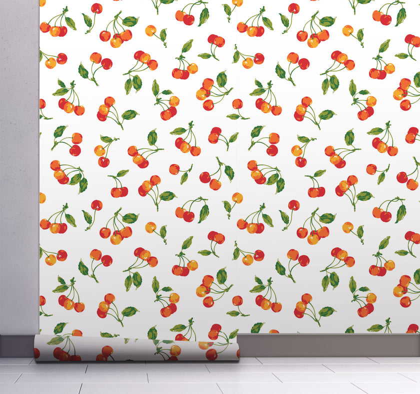 GW4021  Farmhouse Cherry Orchard Peel and Stick Wallpaper Roll 19 inch Wide x 18 ft. Long, Red Orange Green