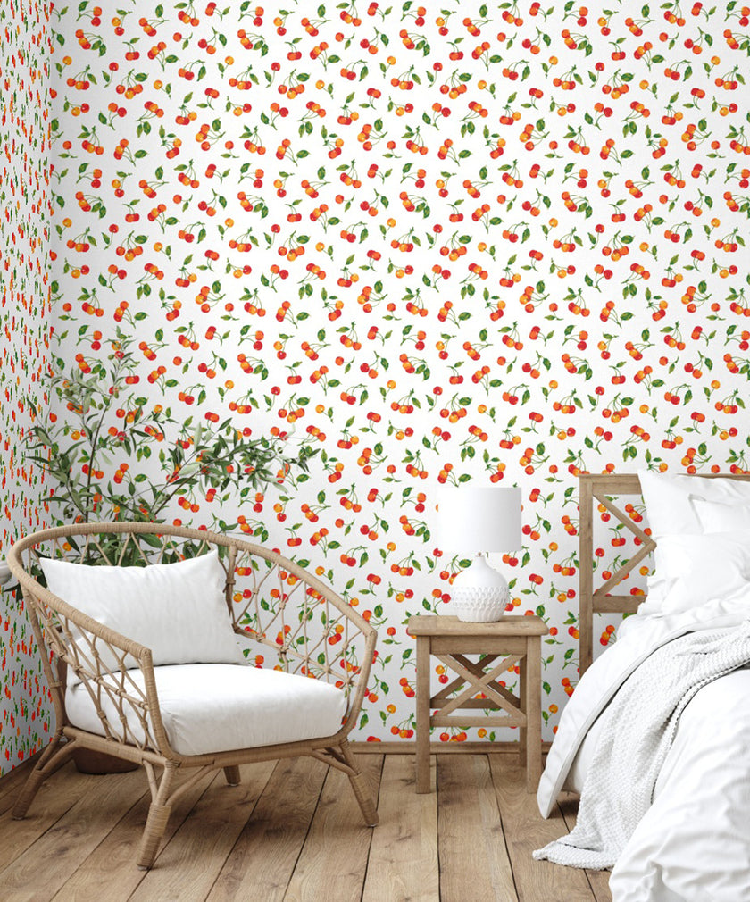 GW4021  Farmhouse Cherry Orchard Peel and Stick Wallpaper Roll 19 inch Wide x 18 ft. Long, Red Orange Green
