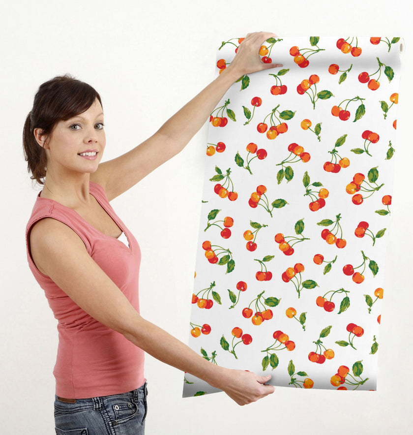 GW4021  Farmhouse Cherry Orchard Peel and Stick Wallpaper Roll 19 inch Wide x 18 ft. Long, Red Orange Green