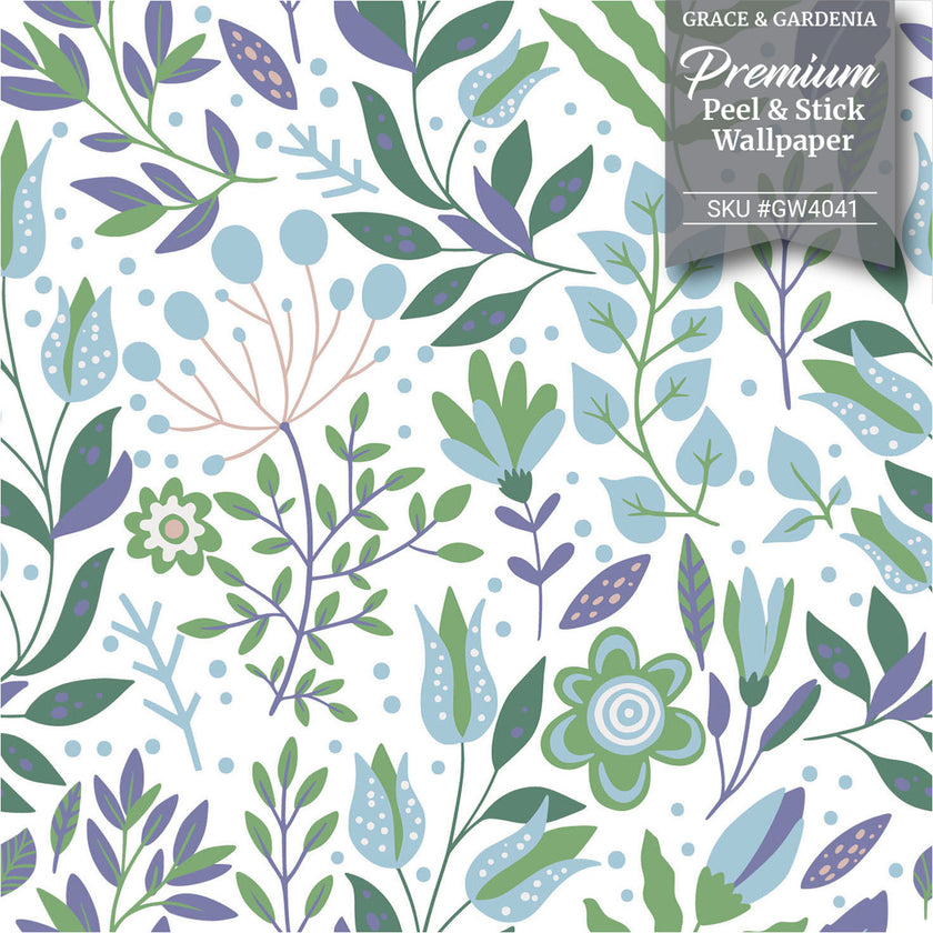 GW4041 Folk Style Art Garden Peel and Stick Wallpaper Roll 19 inch Wide x 18 ft. Long Green Blue Purple