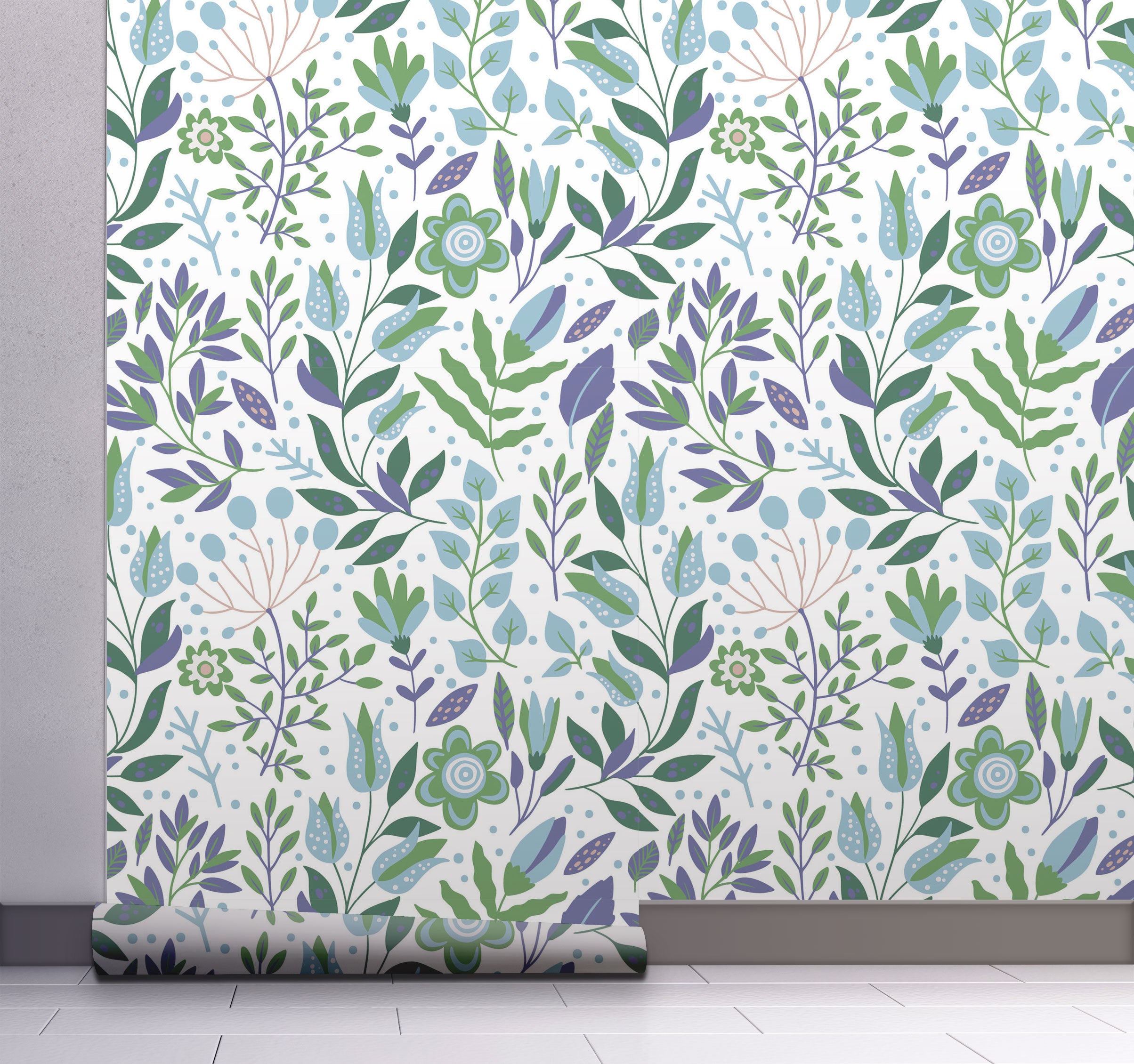 GW4041 Grace & Gardenia Folk Style Art Garden Peel and Stick Wallpaper Roll 20.5 inch Wide x 18 ft. Long, Green Blue Purple