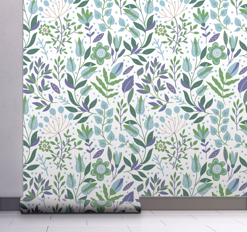GW4041 Folk Style Art Garden Peel and Stick Wallpaper Roll 19 inch Wide x 18 ft. Long Green Blue Purple