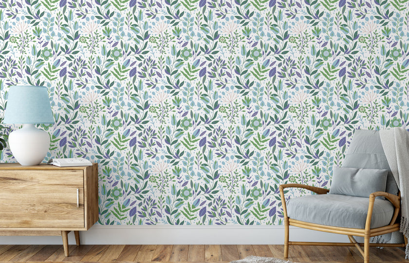 GW4041 Folk Style Art Garden Peel and Stick Wallpaper Roll 19 inch Wide x 18 ft. Long Green Blue Purple