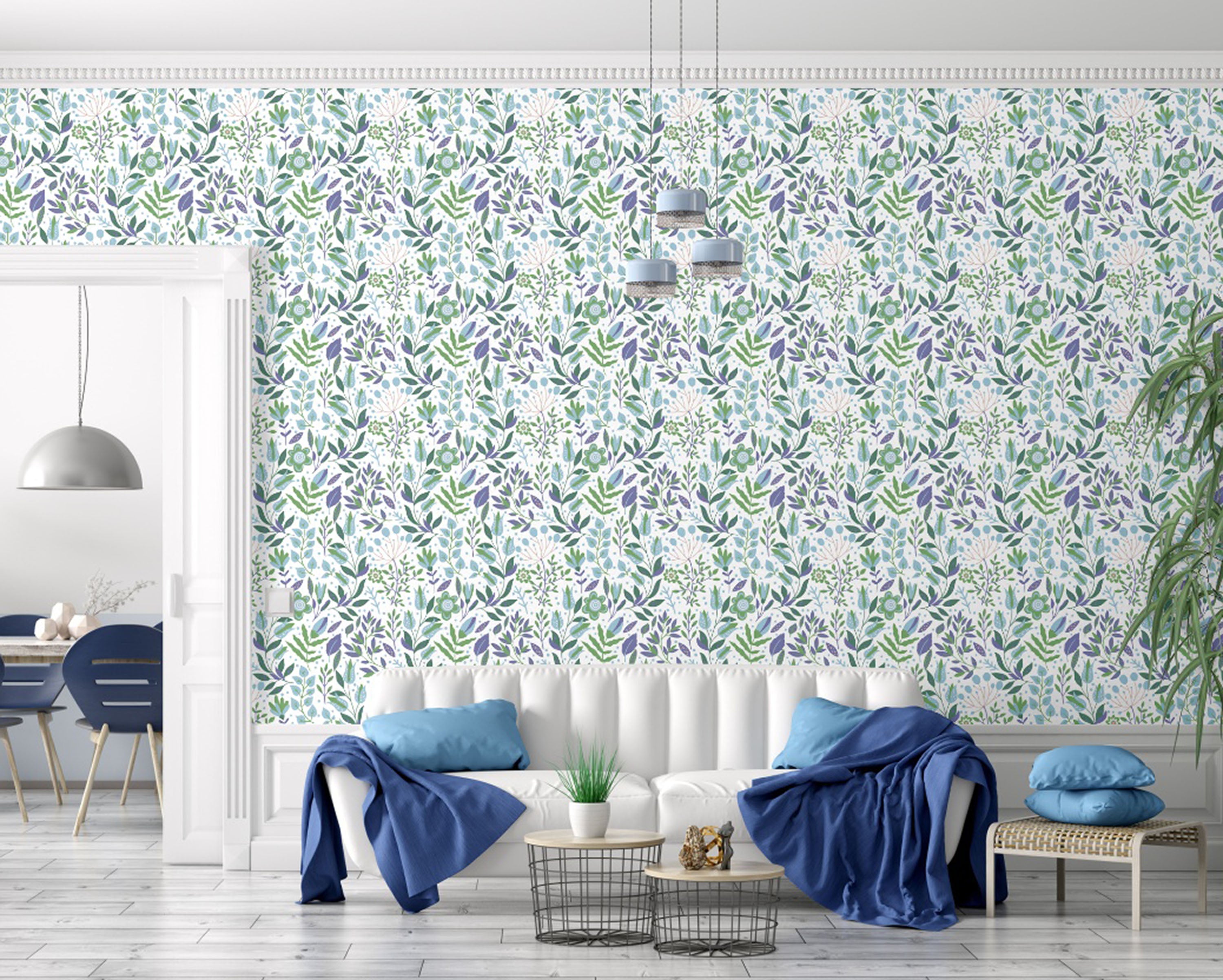 GW4041 Grace & Gardenia Folk Style Art Garden Peel and Stick Wallpaper Roll 20.5 inch Wide x 18 ft. Long, Green Blue Purple