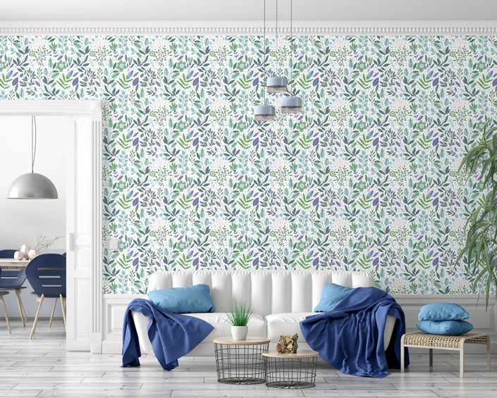 GW4041 Folk Style Art Garden Peel and Stick Wallpaper Roll 19 inch Wide x 18 ft. Long Green Blue Purple