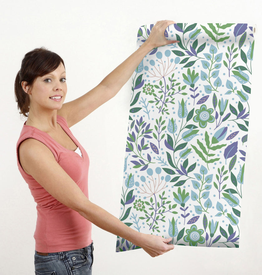 GW4041 Folk Style Art Garden Peel and Stick Wallpaper Roll 19 inch Wide x 18 ft. Long Green Blue Purple