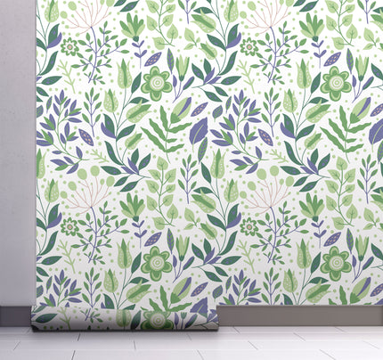 GW4042  Folk Style Art Garden Peel and Stick Wallpaper Roll 19 inch Wide x 18 ft. Long Green Purple