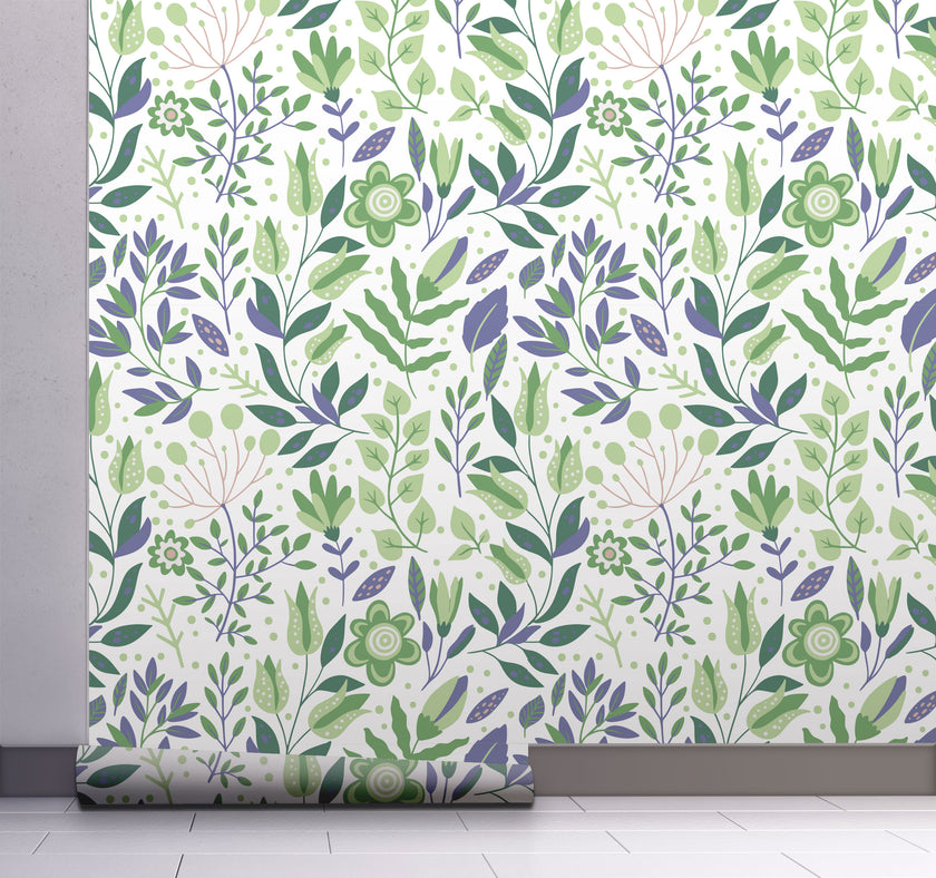 GW4042  Folk Style Art Garden Peel and Stick Wallpaper Roll 19 inch Wide x 18 ft. Long Green Purple