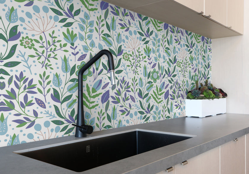 GW4042  Folk Style Art Garden Peel and Stick Wallpaper Roll 19 inch Wide x 18 ft. Long Green Purple