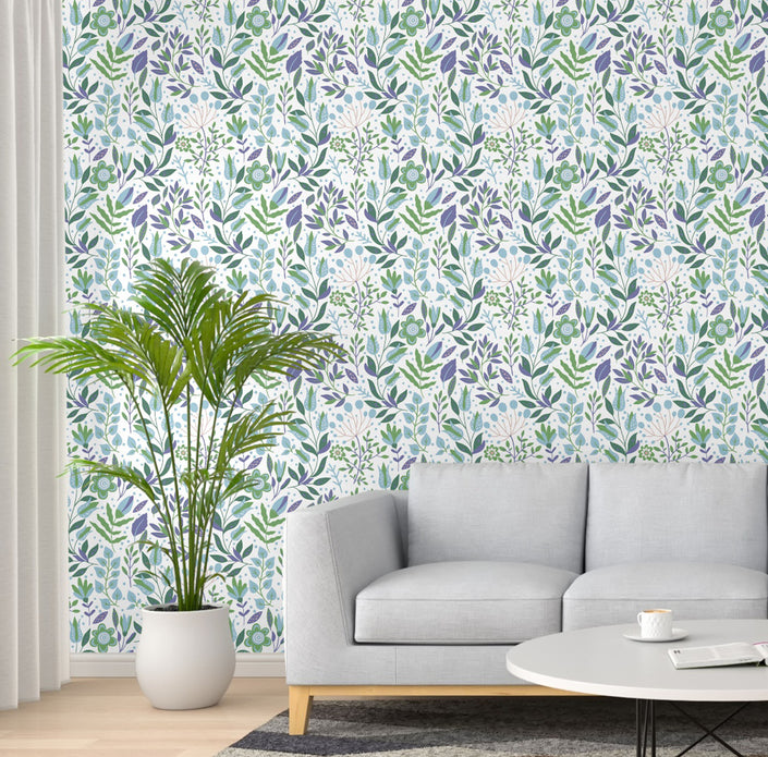 GW4042  Folk Style Art Garden Peel and Stick Wallpaper Roll 19 inch Wide x 18 ft. Long Green Purple