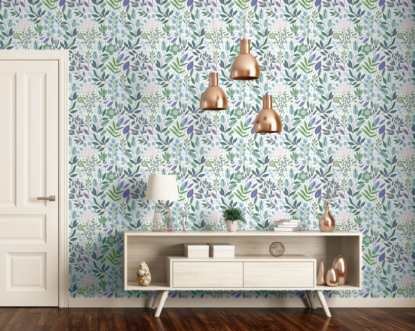 GW4042  Folk Style Art Garden Peel and Stick Wallpaper Roll 19 inch Wide x 18 ft. Long Green Purple