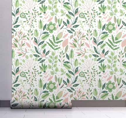 GW4043 Folk Style Art Garden Peel and Stick Wallpaper Roll 19 inch Wide x 18 ft. Long Green Peach Blush