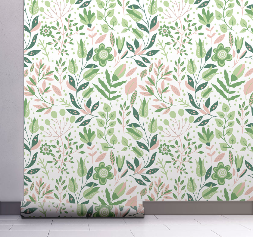 GW4043 Folk Style Art Garden Peel and Stick Wallpaper Roll 19 inch Wide x 18 ft. Long Green Peach Blush