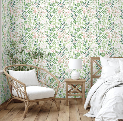 GW4043 Folk Style Art Garden Peel and Stick Wallpaper Roll 19 inch Wide x 18 ft. Long Green Peach Blush