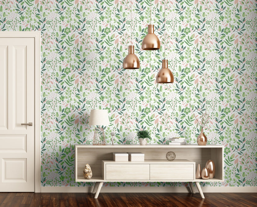 GW4043 Folk Style Art Garden Peel and Stick Wallpaper Roll 19 inch Wide x 18 ft. Long Green Peach Blush